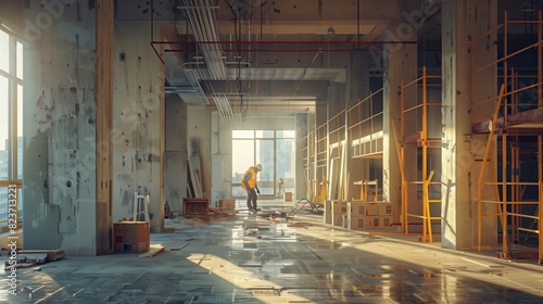 A construction worker is observed inspecting an unfinished building.
