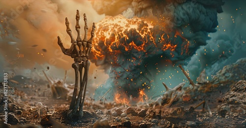 Atomic war with a nuclear bomb, a skeleton's hand on fire on the ground, a world conflict between nuclear powers.