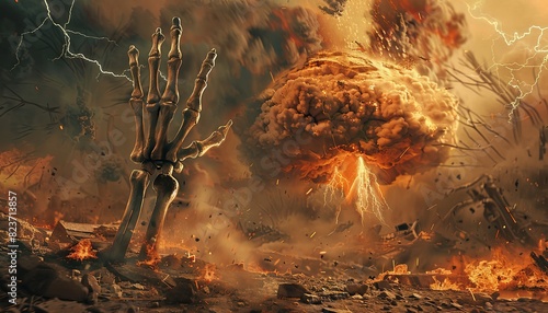 Atomic war with a nuclear bomb, a skeleton's hand on fire on the ground, a world conflict between nuclear powers.