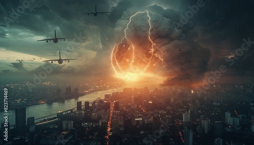 An atomic bomb explodes in the City, the silhouette of a metropolis in ruins, a world conflict between nuclear powers. 