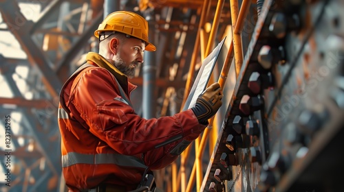 A construction worker wearing safety gear meticulously inspects a metal framework