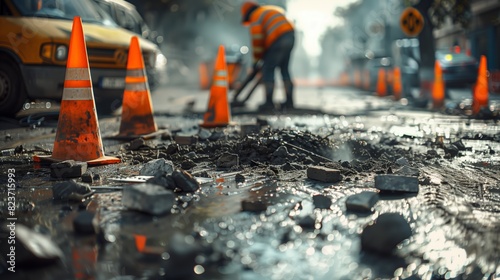 Construction workers are actively repairing a damaged city street early in the morning. Wearing safety gear and using tools, they work diligently surrounded by traffic cones and construction vehicles.