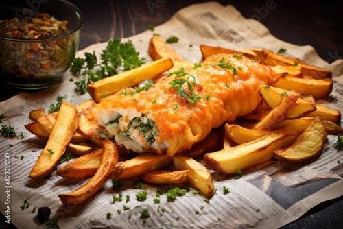 Exquisite fish and chips on a slate plate against a newspaper or magazine background