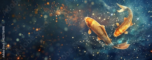 Pisces zodiac sign represented by two golden fish swimming in a starry galaxy