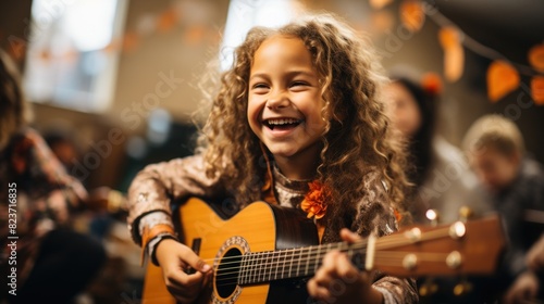 A joyful young girl with curly hair is playing guitar, smiling, at a festive event with decorations and people in the background