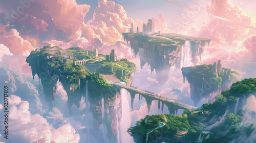 Mystical, Floating Islands, Several floating islands of varying sizes, connected by ancient stone bridges and waterfalls cascading into the void below, anime background.