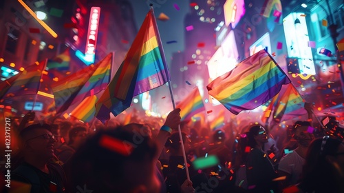 A vibrant pride parade at night with rainbow flags waving and colorful confetti filling the air, celebrating diversity and inclusion. 