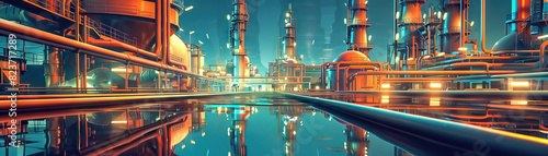 Petroleum Refining Dance: A dynamic view of towering distillation towers, sprawling storage tanks, crisscrossing pipelines, and hardworking professionals meticulously refining crude oil into an array 