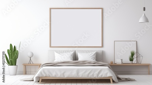 A white empty blank frame mockup mounted on a white wall in a contemporary bedroom, with a cozy bed and geometric patterns.