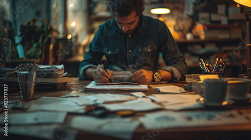 Focused Young Man Reviewing Documents at His Home Office Desk at Night