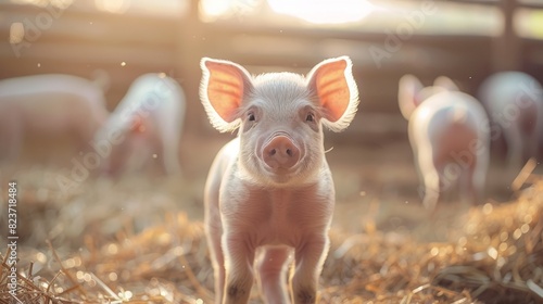 Curious piglet standing in a barn with a herd in the background.