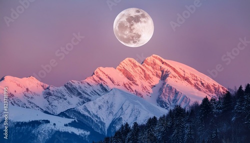A snow-covered mountain range glowing under the ethereal light of a full moon, casting a magical luminescence over the tranquil winter landscape.