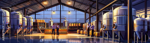 Winery A vast room showcasing towering oak barrels and stainless steel tanks, with a tasting counter and skilled staff diligently blending and bottling fine wines.