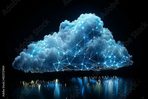 Digital artwork of ing of clouds made from glowing blue digital connections on a black background, in a simple shape.
