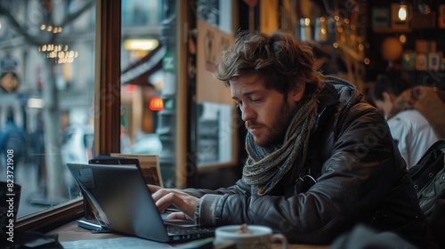 A man is intently working on his laptop at a wooden table in a cozy city cafe.