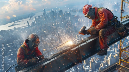 Construction welders are skillfully welding metal beams on a high rise building, against the backdrop of a bustling cityscape.