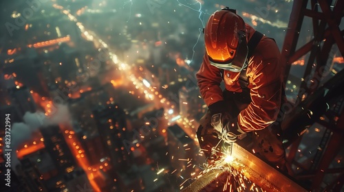 A welder is seen working on a building in a city at night, creating sparks and bright flashes of light as they fuse metal together. 