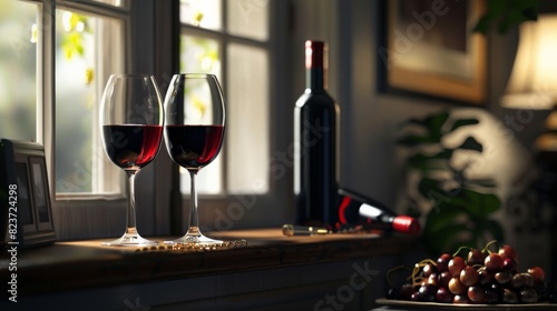Two glasses of red wine on the windowsill. Behind the window is a sunny day. On the right side is a bottle of wine and a bunch of grapes.