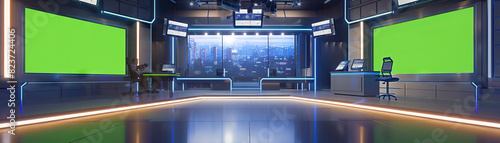 Broadcasting Studio Floor: Showing news desks, cameras, green screens, and broadcasters delivering news reports
