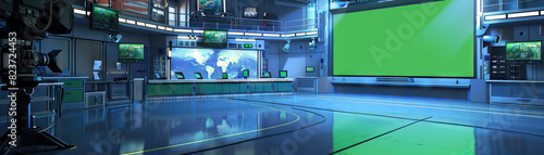 Broadcasting Studio Floor: Showing news desks, cameras, green screens, and broadcasters delivering news reports
