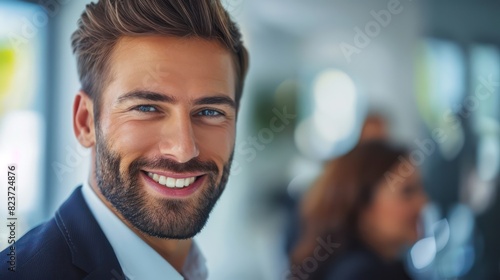 Confident young male professional is smiling in a business environment, exuding charisma and self-assurance