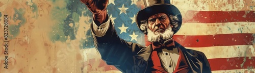 Uncle Sam illustration on Memorial Day, symbol of patriotism, focus on, celebrating national pride, ethereal, Overlay, vintage poster backdrop