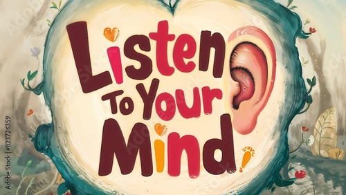 Listen to Your Mind. Typography with ear design, highlighting the importance of being attuned to mental health needs