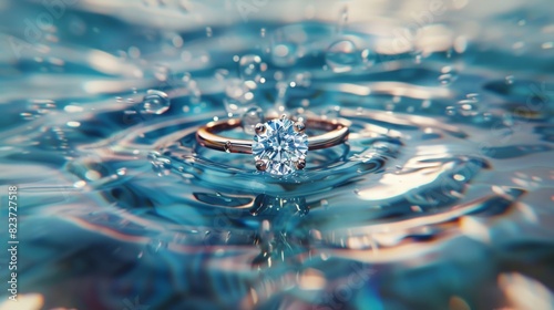 Close up of a diamond engagement ring sitting on the surface of water with a small splash.