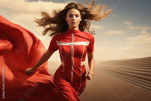 Captivating image of a woman running in a vibrant red dress across sandy dunes
