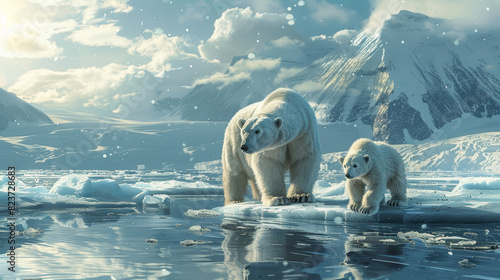 Polar bear and cub on svalbard icefield