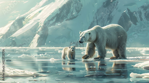 Polar bear and cub on svalbard icefield