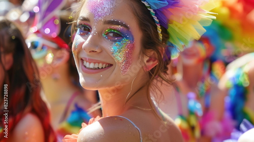 Colorful parade-goers in rainbow tutus