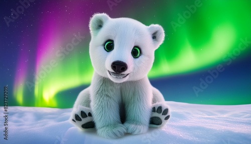 Panda 3D render cute Baby ice bear with big Eyes, friendly and sitting in a Beautiful Snow landscape with northern lights,panda, animal, ours, dessin animé, panda animal icon