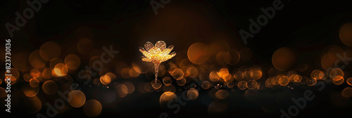 horizontal banner of cute tiny golden flower isolated, dark brown background with bokeh lights
