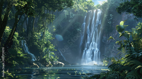 Rainforest Waterfall, A dense rainforest with towering trees and thick undergrowth, where a majestic waterfall cascades into a crystal-clear pool, anime background.