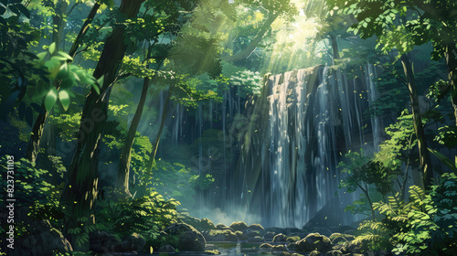 Rainforest Waterfall, A dense rainforest with towering trees and thick undergrowth, where a majestic waterfall cascades into a crystal-clear pool, anime background.