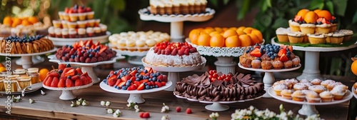 A colorful buffet with plates of a variety of desserts including cupcakes, fruit pies and slices topped with fresh berries creates a colorful and delicious atmosphere for any celebration or party.