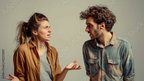young man and young woman couple arguing with hands and arms gesticulating, he couple gets angry and glares at each other, emotional body language.
