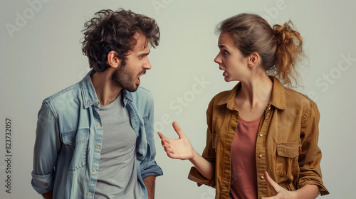 young man and young woman couple arguing with hands and arms gesticulating, he couple gets angry and glares at each other, emotional body language.
