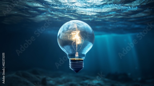 A light bulb glowing underwater, casting an ethereal and otherworldly light.