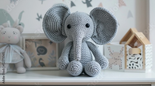 Handmade crochet elephant doll on white dresser in baby room generative ai