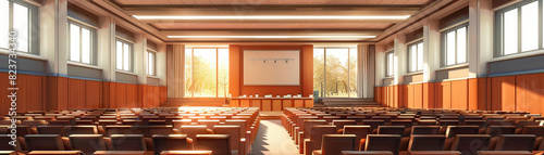 University Lecture Hall: Featuring rows of seats, a podium, projector screen, and students listening to a lecture