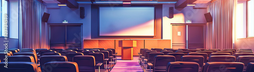 University Lecture Hall: Featuring rows of seats, a podium, projector screen, and students listening to a lecture