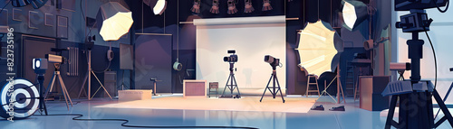 Film Studio Floor: Showing film sets, cameras, lighting equipment, and actors rehearsing scenes