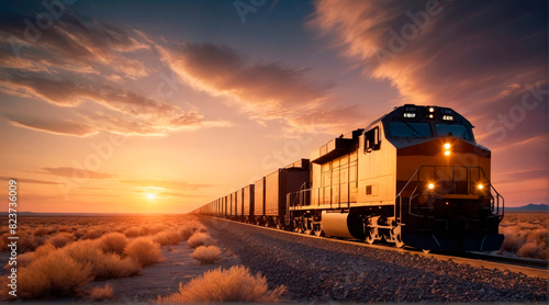 A freight train passing through barren plains with a beautiful sunset in the background.