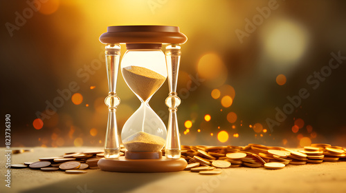 Hourglass on the background of a garland. Time concept an hourglass held in a firm contemplative hand