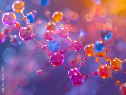 Closeup of molecular structure, vibrant neon colors, 3D rendering, futuristic science, high detail