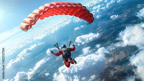 A skydiver freefalling from an airplane with a parachute deployed