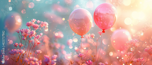 Dreamy scene with pastel balloons, gentle light, focus on, magical atmosphere, vibrant, blend mode, sunset sky backdrop