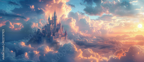 Enchanted castle in the sky, surreal scenery, selective focus, magical kingdom, whimsical, blend mode, twilight clouds backdrop